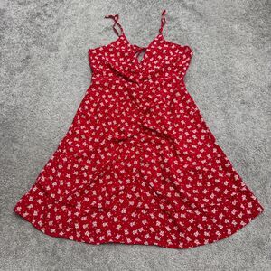 Lezat Ditsy Floral Tiered Sundress Womens Medium Red Ruched Front Cutout Back